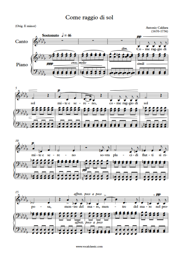 A. Caldara : Come raggio di sol (Bb minor Key – Octave down) PDF Sheet music