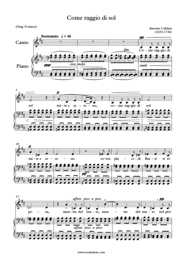 A. Caldara : Come raggio di sol (B minor Key – Octave down) PDF Sheet music