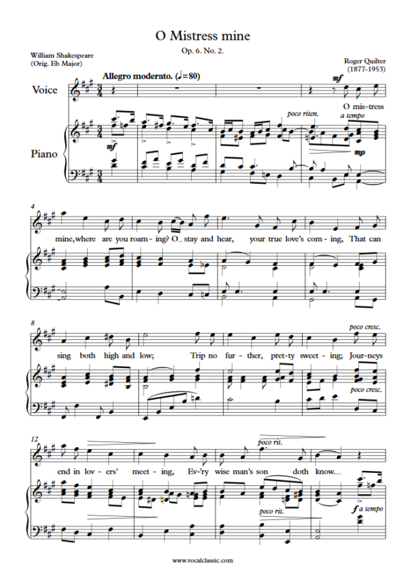 R. Quilter : O Mistress mine (A Key) PDF Sheet music