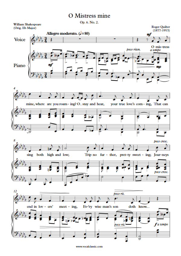 R. Quilter : O Mistress mine (Db Key) PDF Sheet music