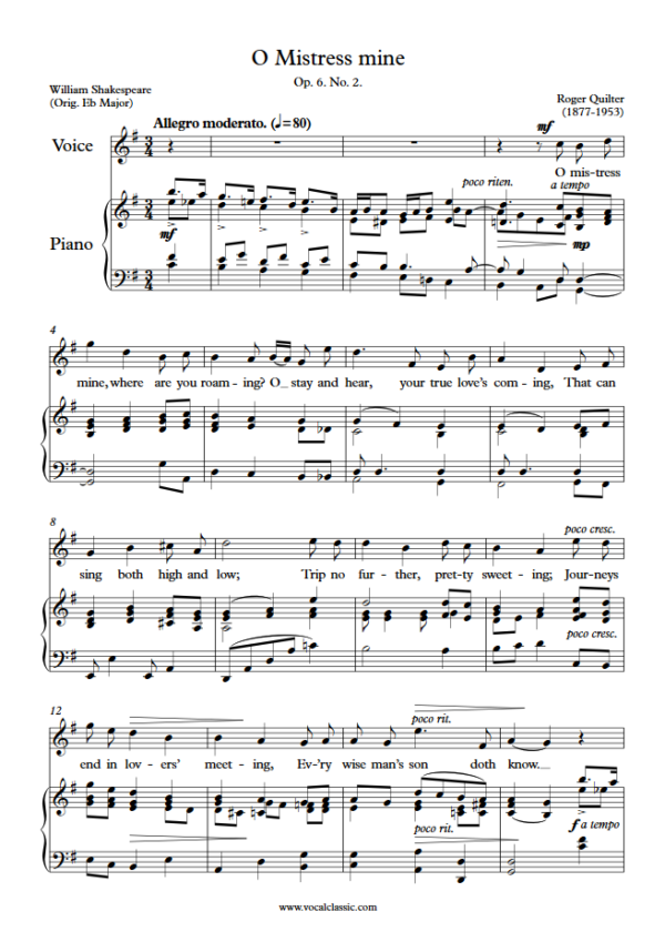 R. Quilter : O Mistress mine (G Key) PDF Sheet music