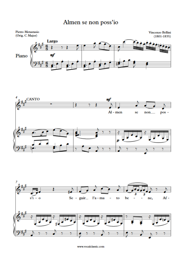 V. Bellini : Almen se non poss’io (A Key) PDF Sheet music