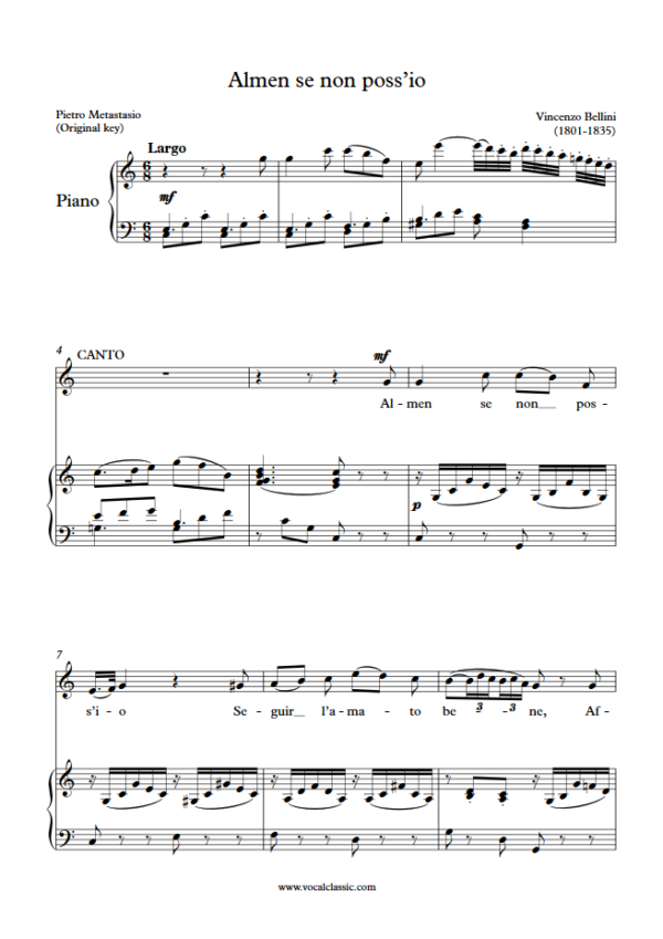 V. Bellini : Almen se non poss’io (C Key, Original) PDF Sheet music