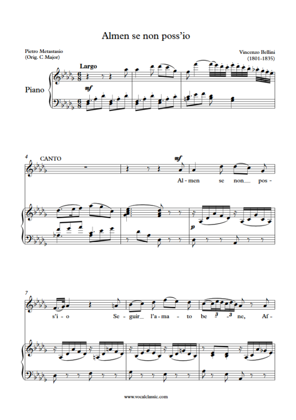 V. Bellini : Almen se non poss’io (Db Key) PDF Sheet music