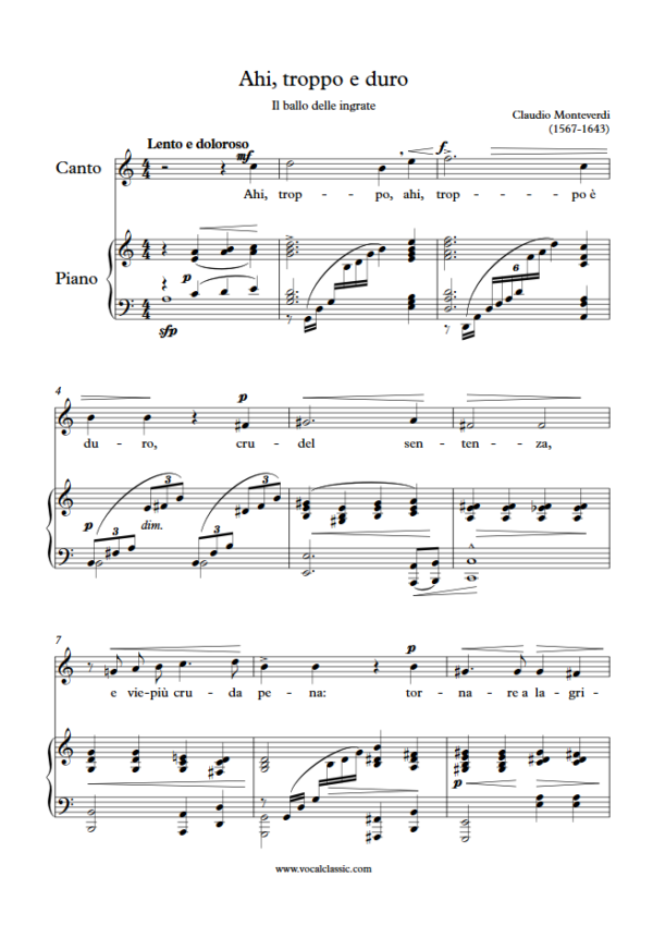 C. Monteverdi : Ahi, troppo e duro (A minor Key) PDF Sheet music