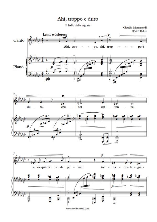 C. Monteverdi : Ahi, troppo e duro (Eb minor Key) PDF Sheet music