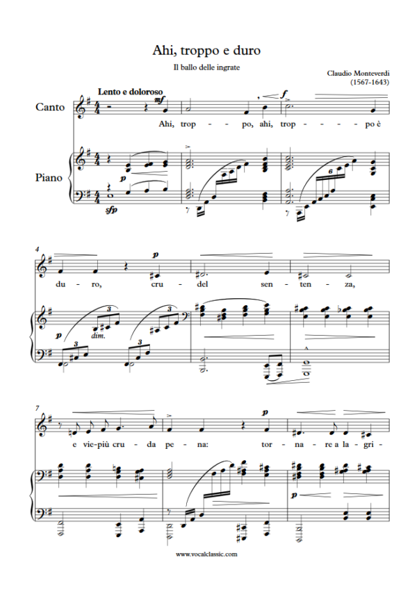 C. Monteverdi : Ahi, troppo e duro (E minor Key) PDF Sheet music