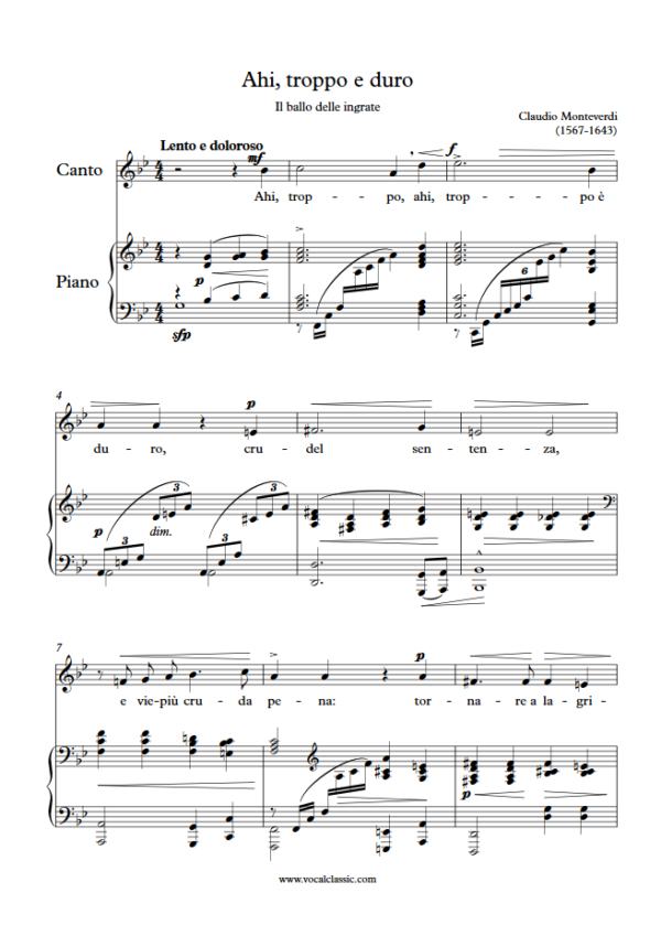 C. Monteverdi : Ahi, troppo e duro (G minor Key) PDF Sheet music