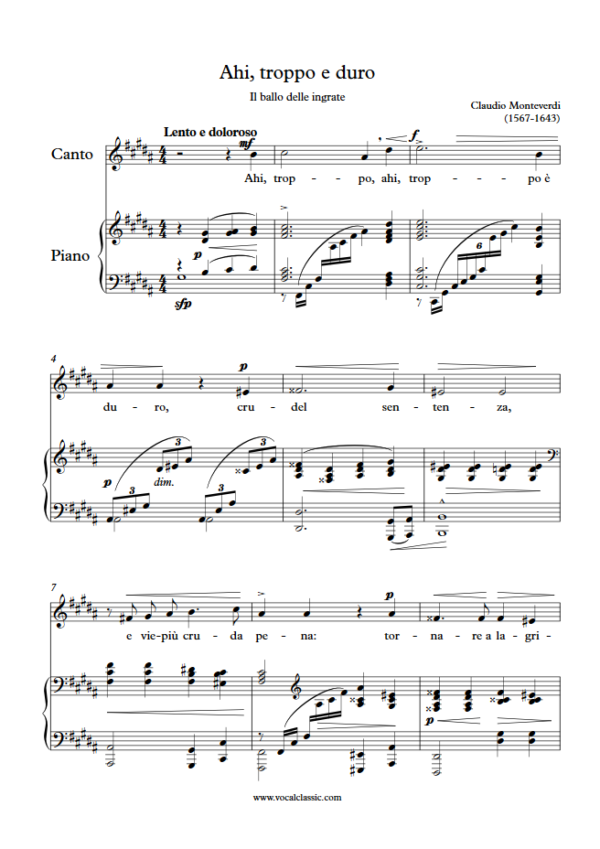 C. Monteverdi : Ahi, troppo e duro (G sharp minor Key) PDF Sheet music