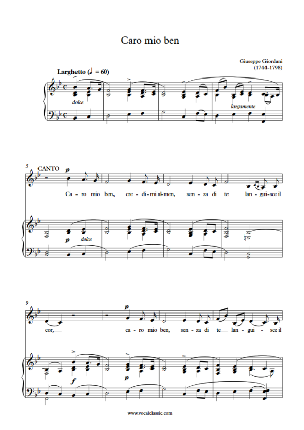 G. Giordani : Caro mio ben (Bb Key) PDF Sheet music