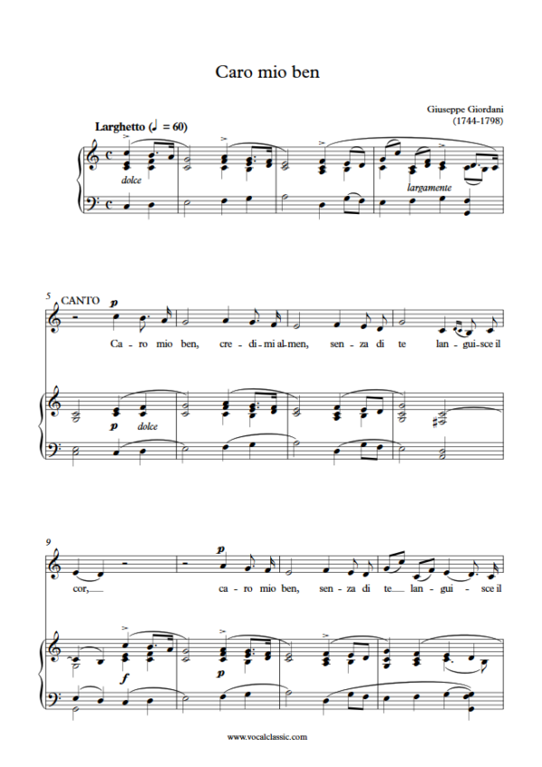 G. Giordani : Caro mio ben (C Key) PDF Sheet music