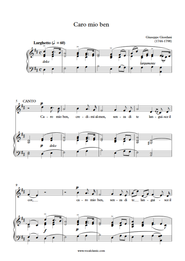 G. Giordani : Caro mio ben (D Key) PDF Sheet music