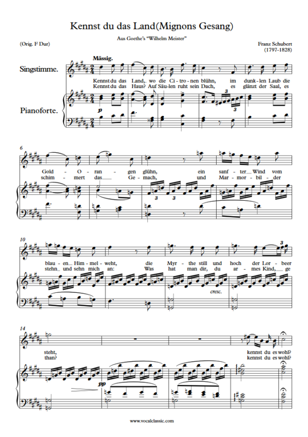 F. Schubert : Kennst du das Land(Mignons Gesang) (B key) PDF Sheet music