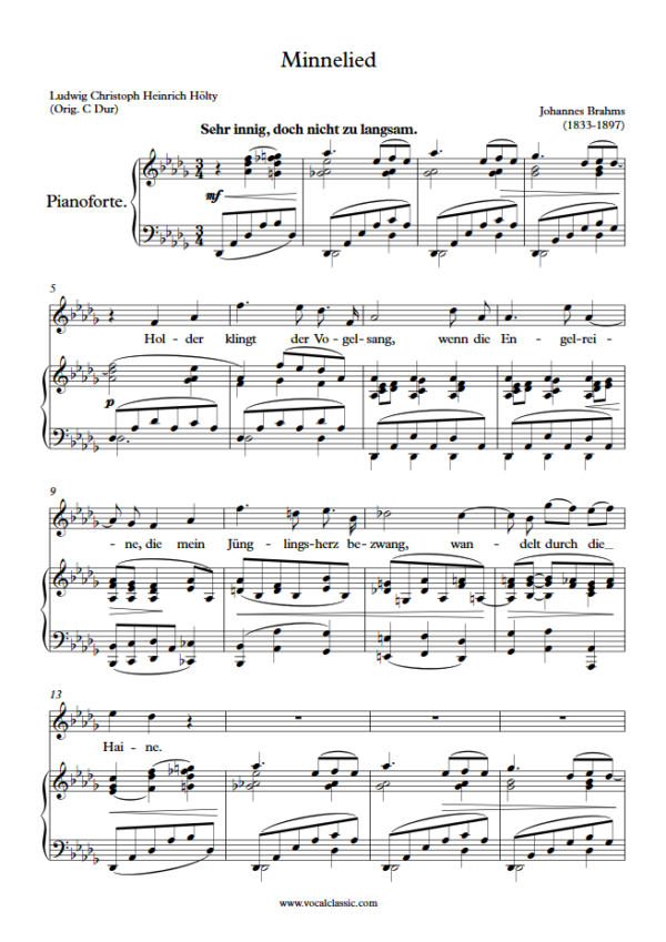 J. Brahms : Minnelied (Db Key) PDF Sheet music