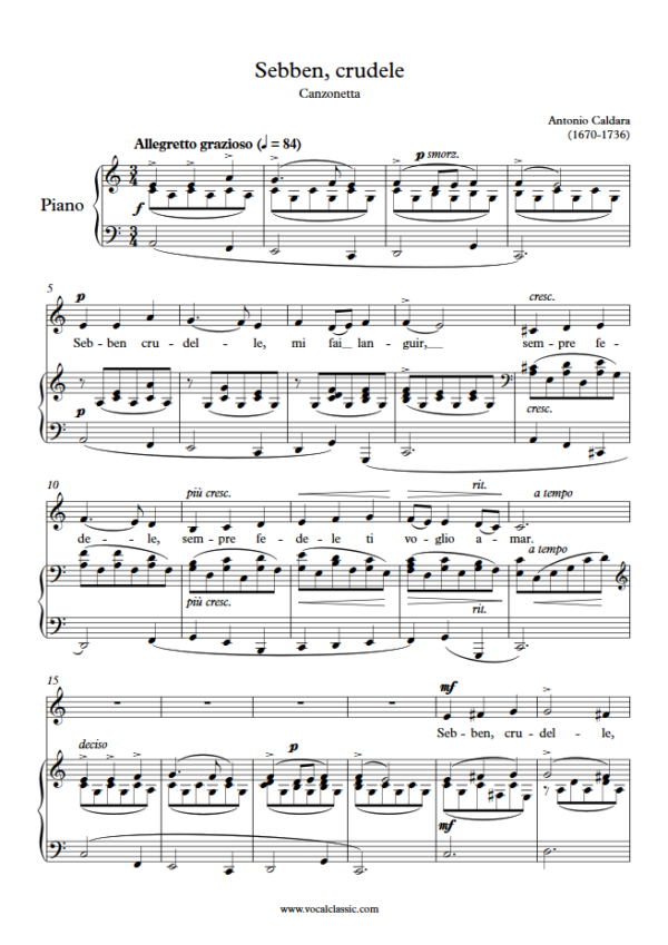 A. Caldara : Sebben, crudele (A minor Key) PDF Sheet music