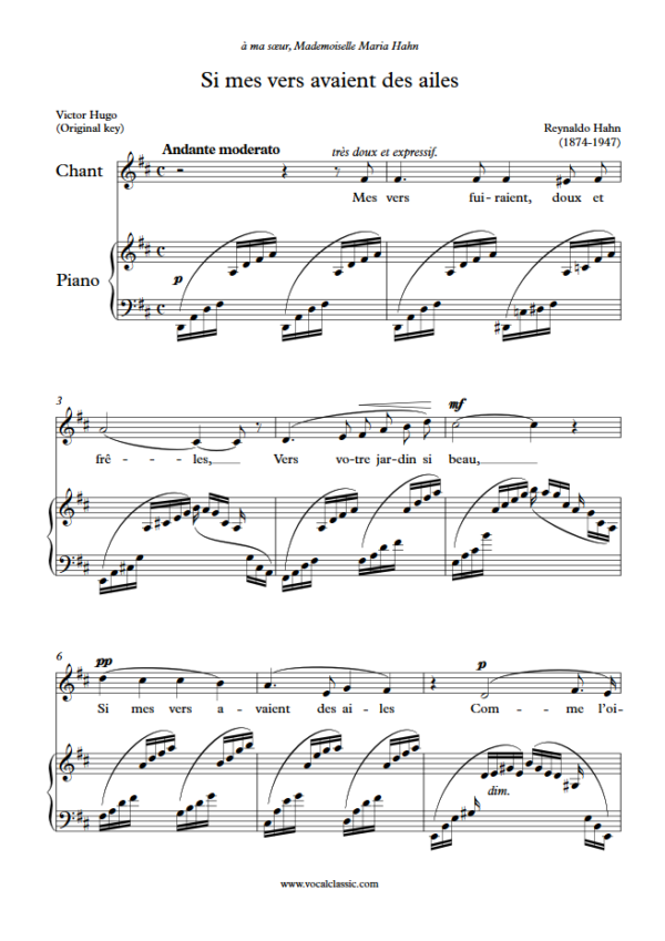 R. Hahn : Si mes vers avaient des ailes (D Key, Original) PDF Sheet music