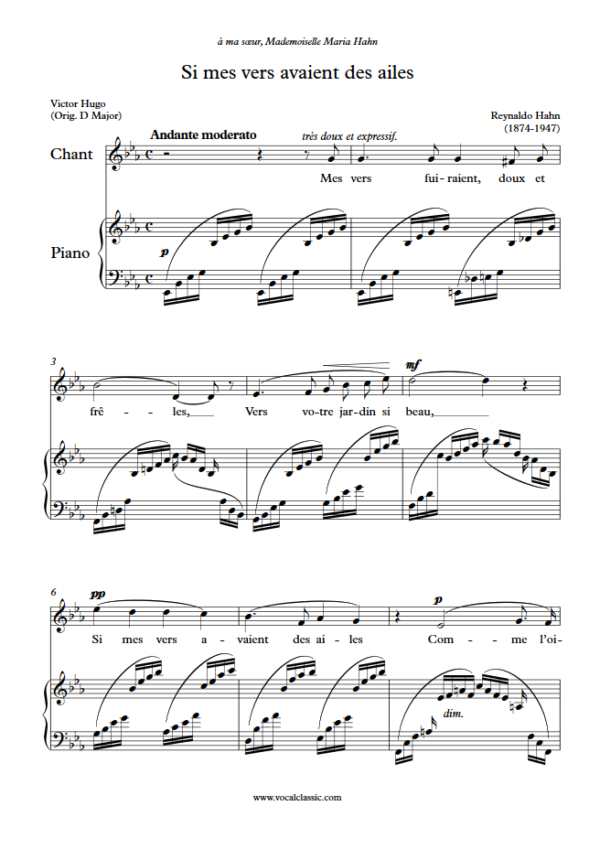 R. Hahn : Si mes vers avaient des ailes (Eb Key) PDF Sheet music