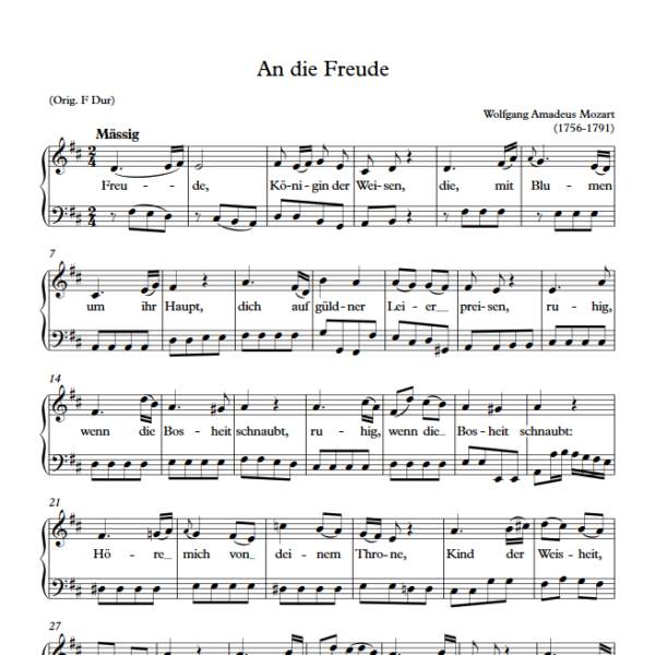 W. A. Mozart : An die Freude (D Key) PDF Sheet music