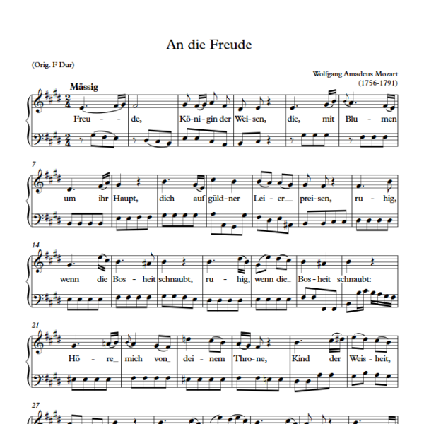 W. A. Mozart : An die Freude (E Key) PDF Sheet music