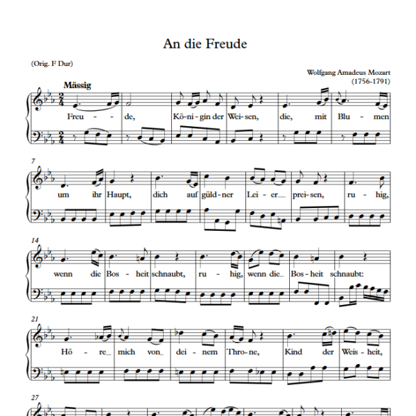 W. A. Mozart : An die Freude (Eb Key) PDF Sheet music