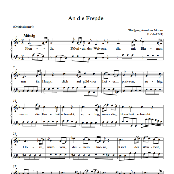 W. A. Mozart : An die Freude (F Key, Original) PDF Sheet music