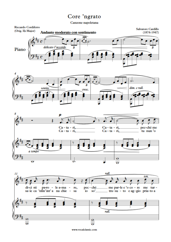 S. Cardillo : Core ’ngrato (D Key) PDF Sheet music