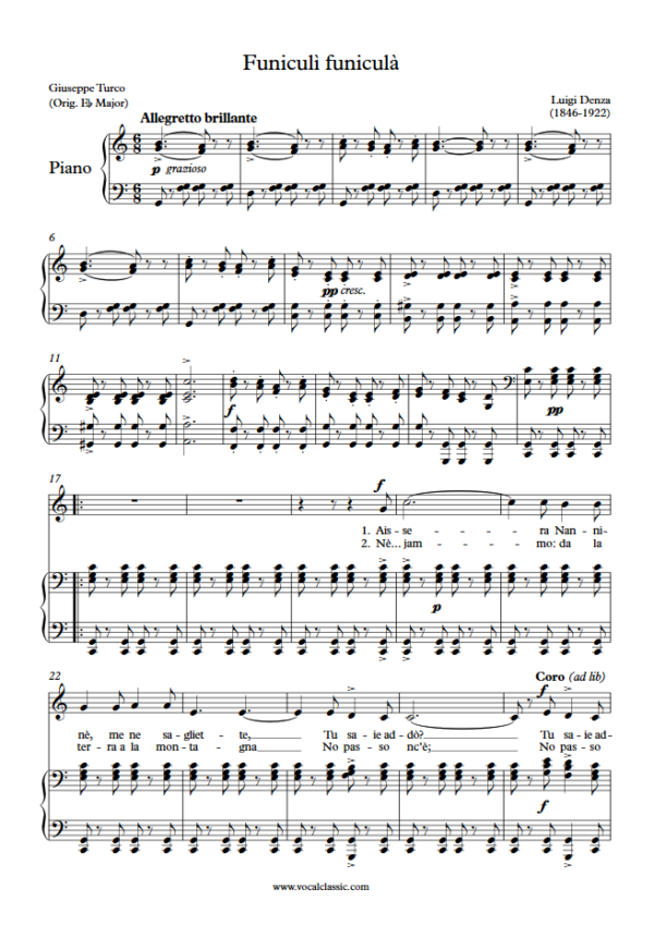 L. Denza : Funiculì funiculà (C Key) PDF Sheet music