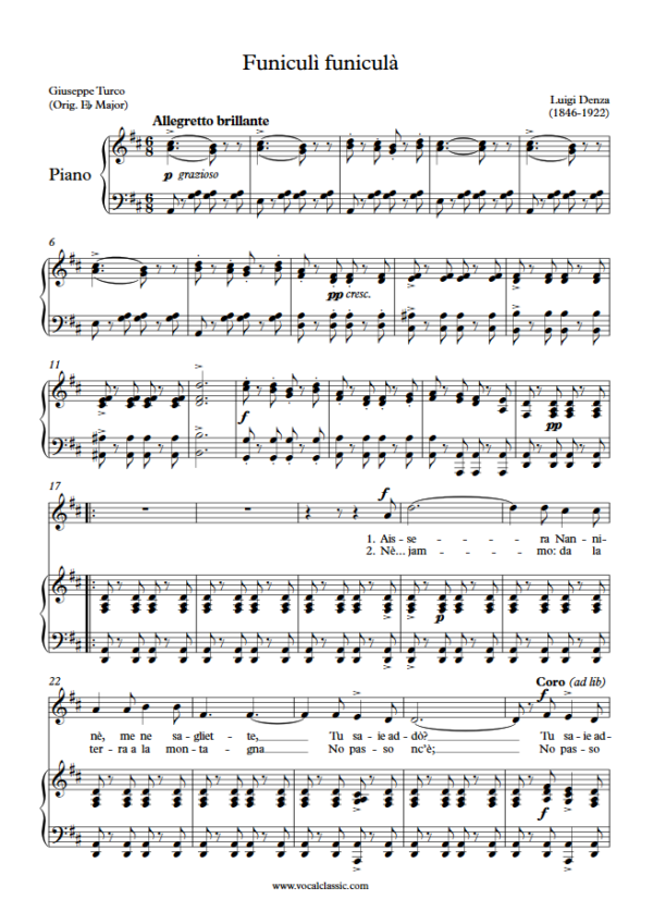 L. Denza : Funiculì funiculà (D Key) PDF Sheet music