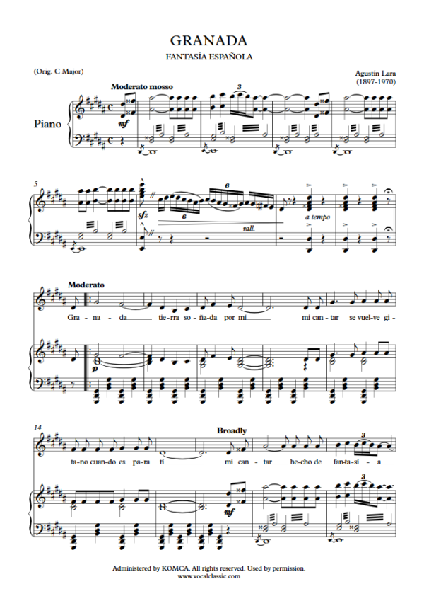 A. Lara : Granada (B Key) PDF Sheet music