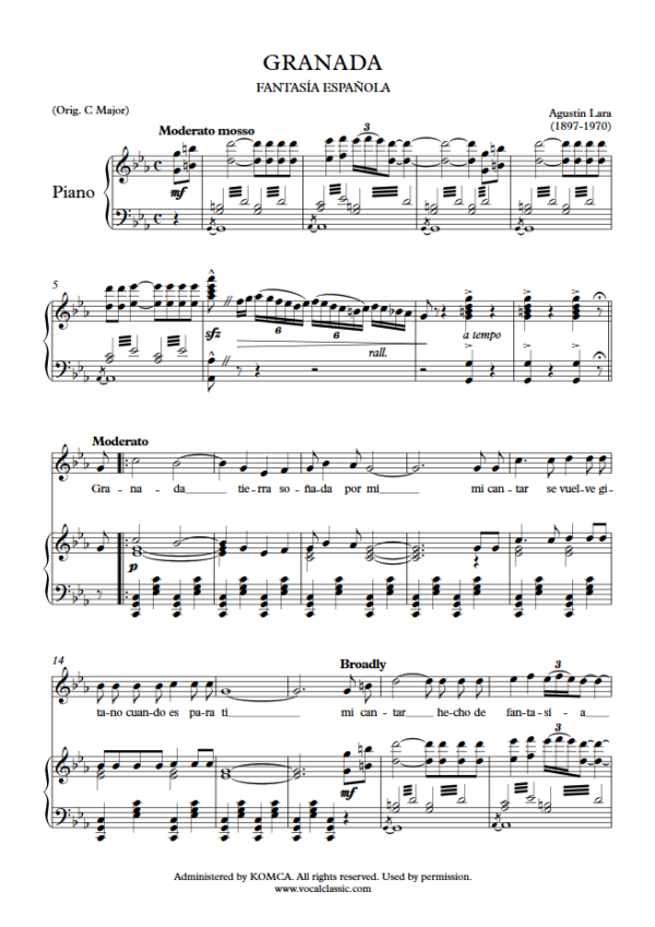 A. Lara : Granada (Eb Key) PDF Sheet music