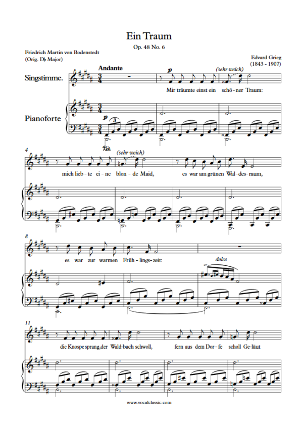 E. Grieg : Ein Traum (B Key) PDF Sheet music