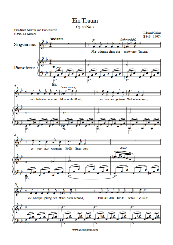 E. Grieg : Ein Traum (Bb Key) PDF Sheet music