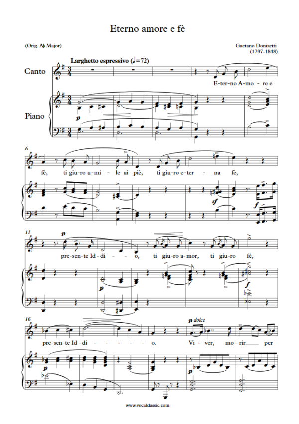 G. Donizetti : Eterno amore e fè (G Key) PDF Sheet music