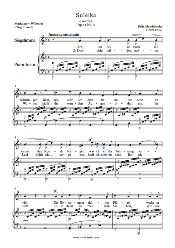 F. Mendelssohn : Suleika (D minor Key) PDF Sheet music