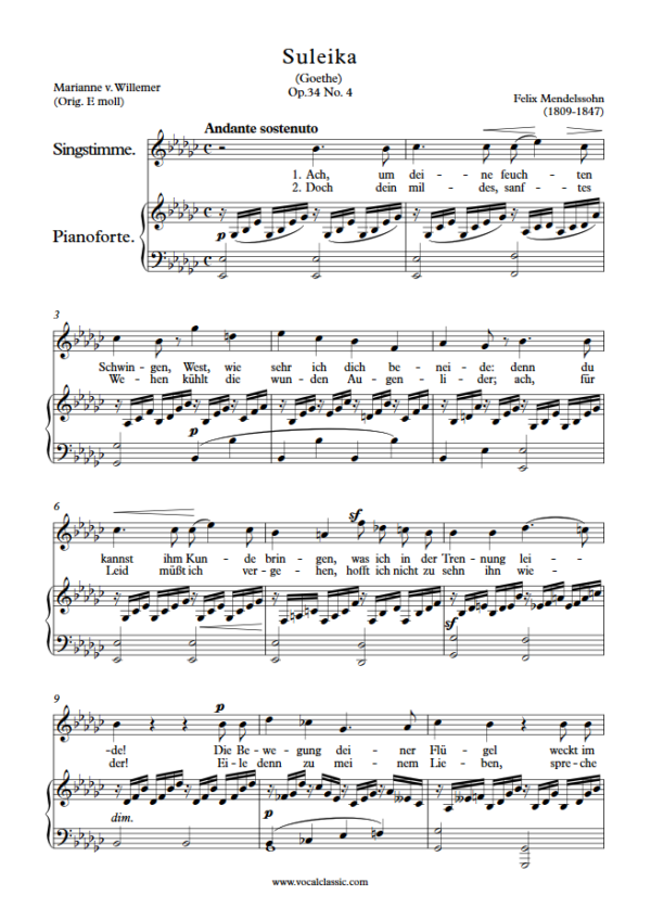 F. Mendelssohn : Suleika (Eb minor Key) PDF Sheet music