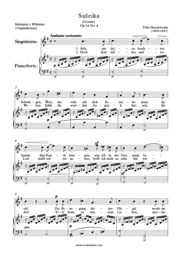 F. Mendelssohn : Suleika (E minor Key, Original) PDF Sheet music