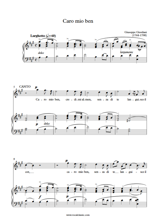 G. Giordani : Caro mio ben (A Key) PDF Sheet music