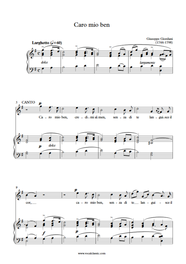 G. Giordani : Caro mio ben (G Key) PDF Sheet music