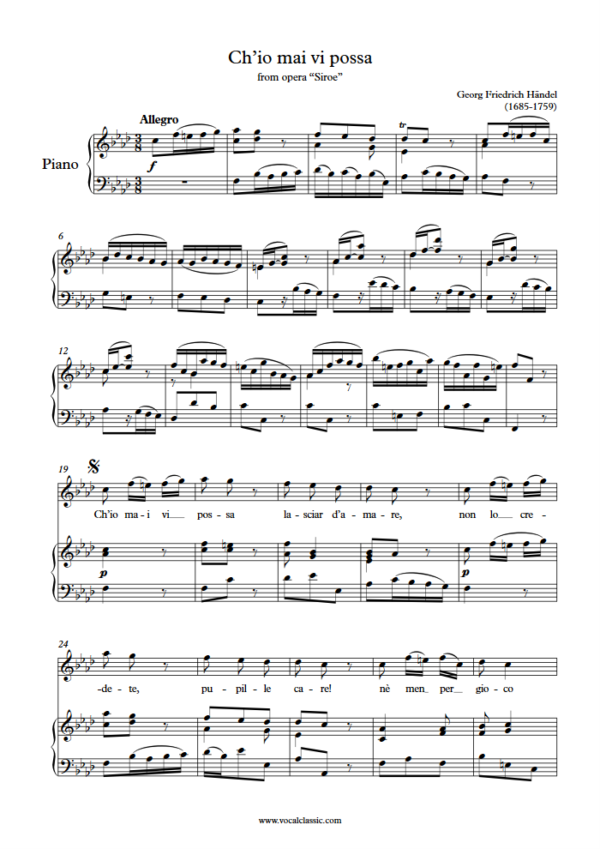 G. F. Handel : Ch’io mai vi possa (F minor Key) PDF Sheet music