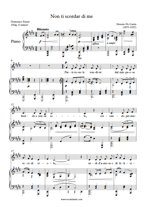 E. de Curtis : Non ti scordar di me (C sharp minor Key) PDF Sheet music