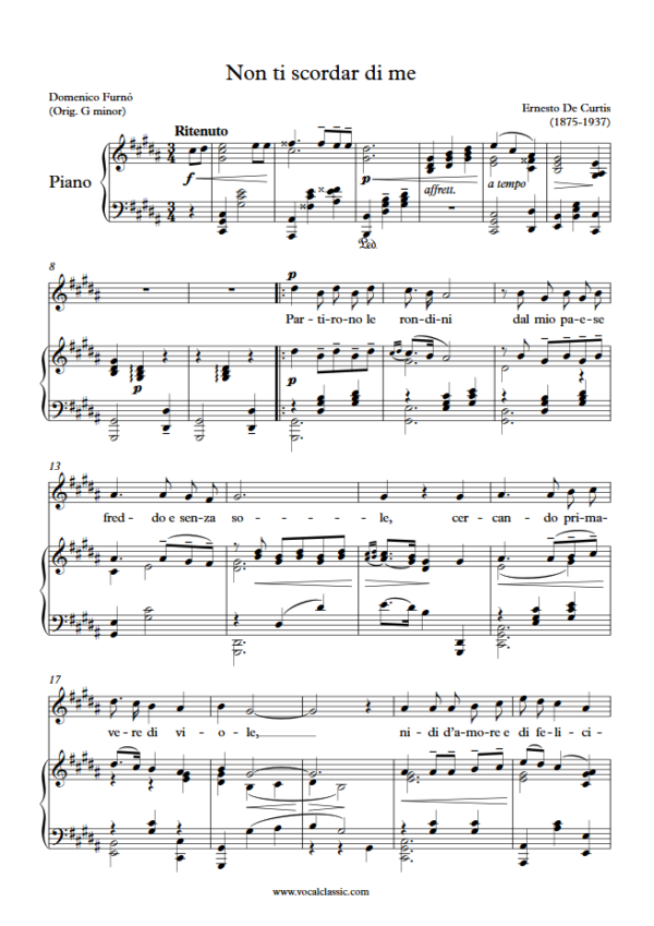 E. de Curtis : Non ti scordar di me (G sharp minor Key) PDF Sheet music