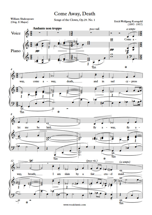 E. W. Korngold : Come Away, Death (C Key) PDF Sheet music