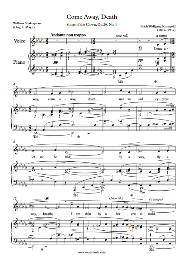 E. W. Korngold : Come Away, Death (Db Key) PDF Sheet music