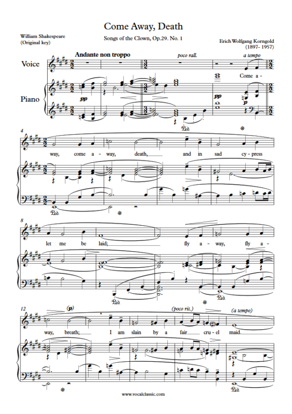 E. W. Korngold : Come Away, Death (E Key, Original) PDF Sheet music