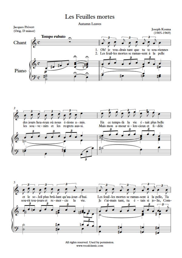 J. Kosma : Les Feuilles mortes (A minor Key) PDF Sheet music