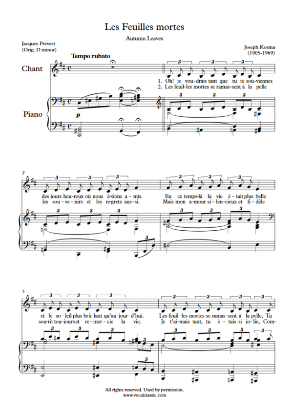 J. Kosma : Les Feuilles mortes (B minor Key) PDF Sheet music