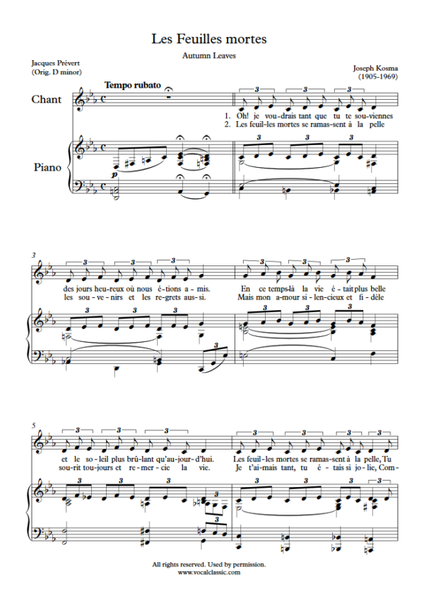 J. Kosma : Les Feuilles mortes (C minor Key) PDF Sheet music