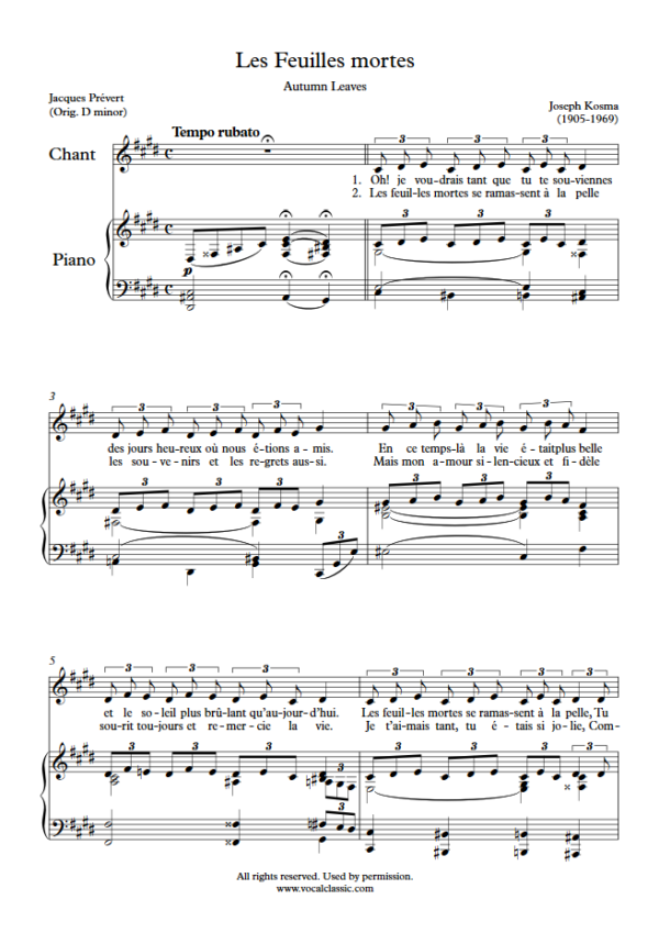 J. Kosma : Les Feuilles mortes (C sharp minor Key) PDF Sheet music