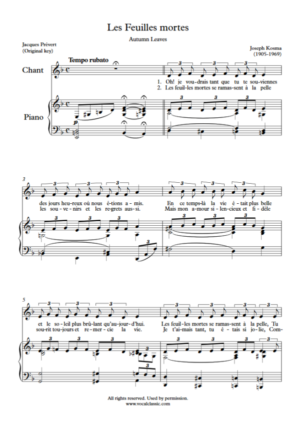 J. Kosma : Les Feuilles mortes (D minor Key, Original) PDF Sheet music