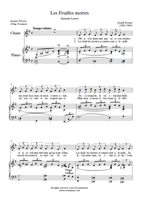 J. Kosma : Les Feuilles mortes (E minor Key) PDF Sheet music